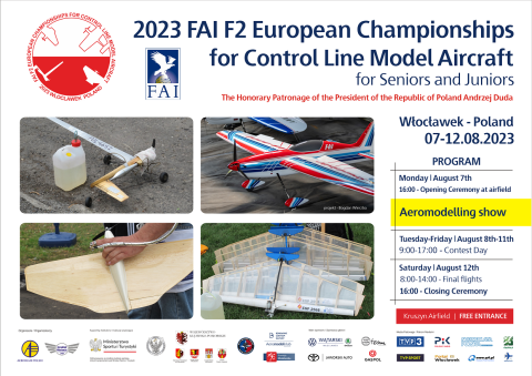 MISTRZOSTWA EUROPY FAI MODELI NA UWIĘZI 2023 dla Seniorów i Juniorów w konkurencjach: F2A, F2B, F2C, F2D Włocławekhellip 