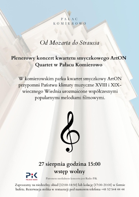 Koncert smyczkowy kwartetu ArtON Quartet, Pałac Komierowo, 27 sierpnia, godz. 15.00 (zakończony)