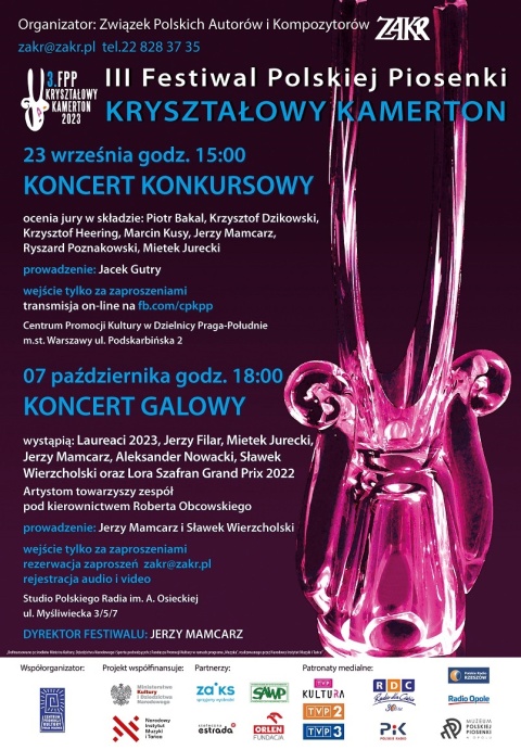 III Festiwal Polskiej Piosenki KRYSZTAŁOWY KAMERTON 2023, 07.10.2023 Studio im. Agnieszki Osieckiej Koncert Galowyhellip 