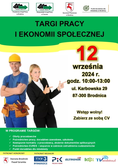 TARGI PRACY I EKONOMII SPOŁECZNEJ W BRODNICY 12 WRZEŚNIA w godz. 10.00-13.00 w hali sportowej Centrum Kształcenia Zawodowegohellip 