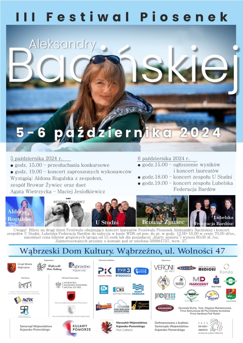 III Festiwal Piosenek Aleksandry Bacińskiej 5-6.10.2024r.Wąbrzeski Dom Kultury ul. Wolności 47