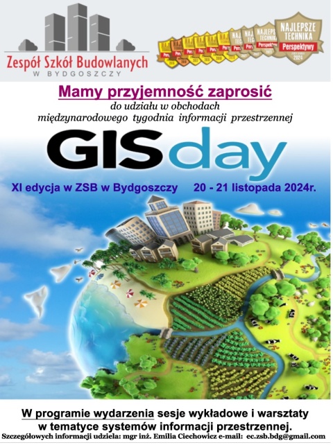 XI GISday w Bydgoszczy - Aula ZSB w Bydgoszczy, Pestalozziego 18 - 20-21 listopada 2024r.