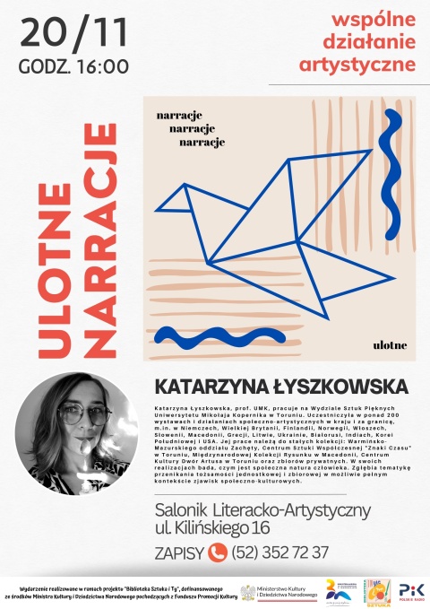 W ramach projektu Biblioteka Sztuka i Ty - Ulotne narracje 20 listopada, godz. 16:00, Salonik Literacko-Artystycznyhellip 