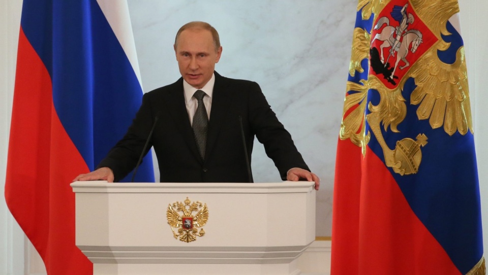 Prezydent Federacji Rosyjskiej Władimir Putin wygłasza orędzie do Zgromadzenia Federalnego. Fot. PAP/EPA