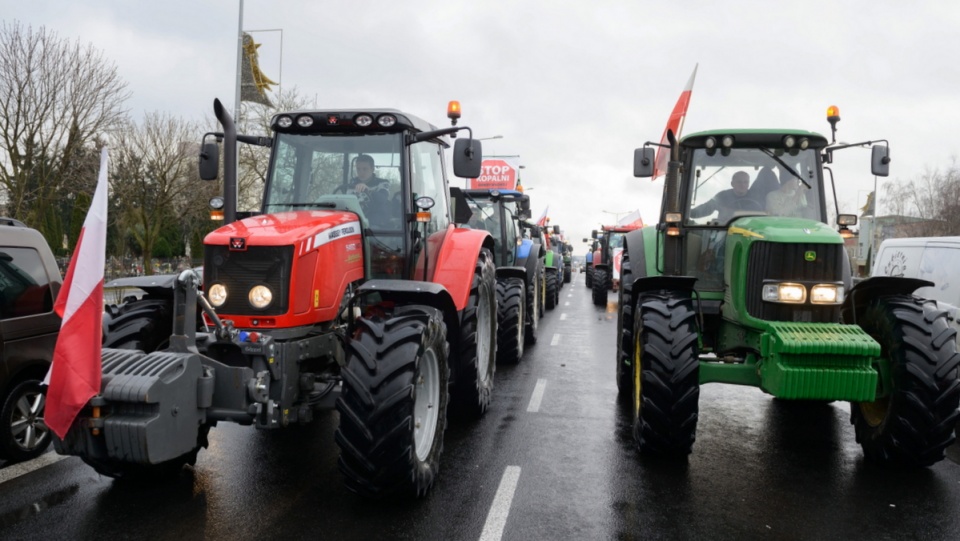 Kilkaset ciągników blokuje drogę krajową nr 5 w Lesznie. Fot. PAP/Jakub Kaczmarczyk