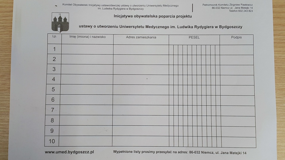 Formularz, na którym zbierane są podpisy popracia dla idei powstania Uniwersytetu Medycznego w Bydgoszczy
