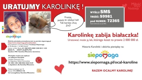 Karolinkę zabija białaczka, może ją uratować tylko lek za 2 mln zł