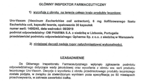 Uro-vaxom, lek urologiczny, wycofany z aptek