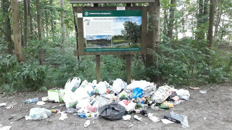 Szklane butelki i resztki po grillowaniu piętrzą się pod tablicą z napisem "Ekologiczne znaczenie krajobrazu". Fot. Kamila Zroślak
