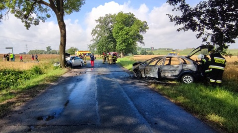 Strażacy ugasili pożar samochodu, który zapalił się po zderzeniu na drodze wojewódzkiej nr 534 w okolicach Gorynia/Fot. KP PSP Wąbrzeźno
