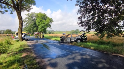 Strażacy ugasili pożar samochodu, który zapalił się po zderzeniu na drodze wojewódzkiej nr 534 w okolicach Gorynia/Fot. KP PSP Wąbrzeźno