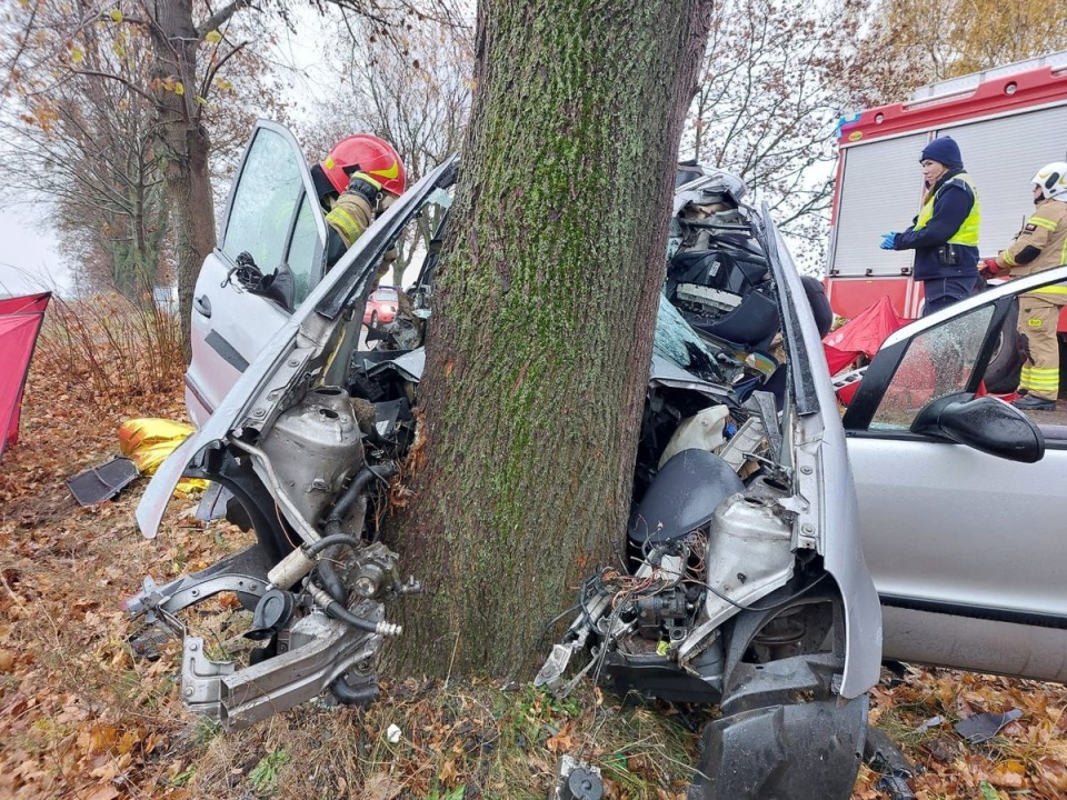 44-letni kierujący mercedesem zjechał z drogi i uderzył w przydrożne drzewo/fot. KPP w Aleksandrowie Kujawskim